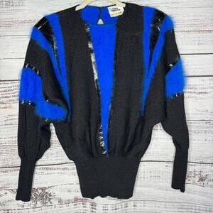 Vintage 80s Mike Korwin Batwing Sweater Black Blue Metallic Dolman Sleeve 6